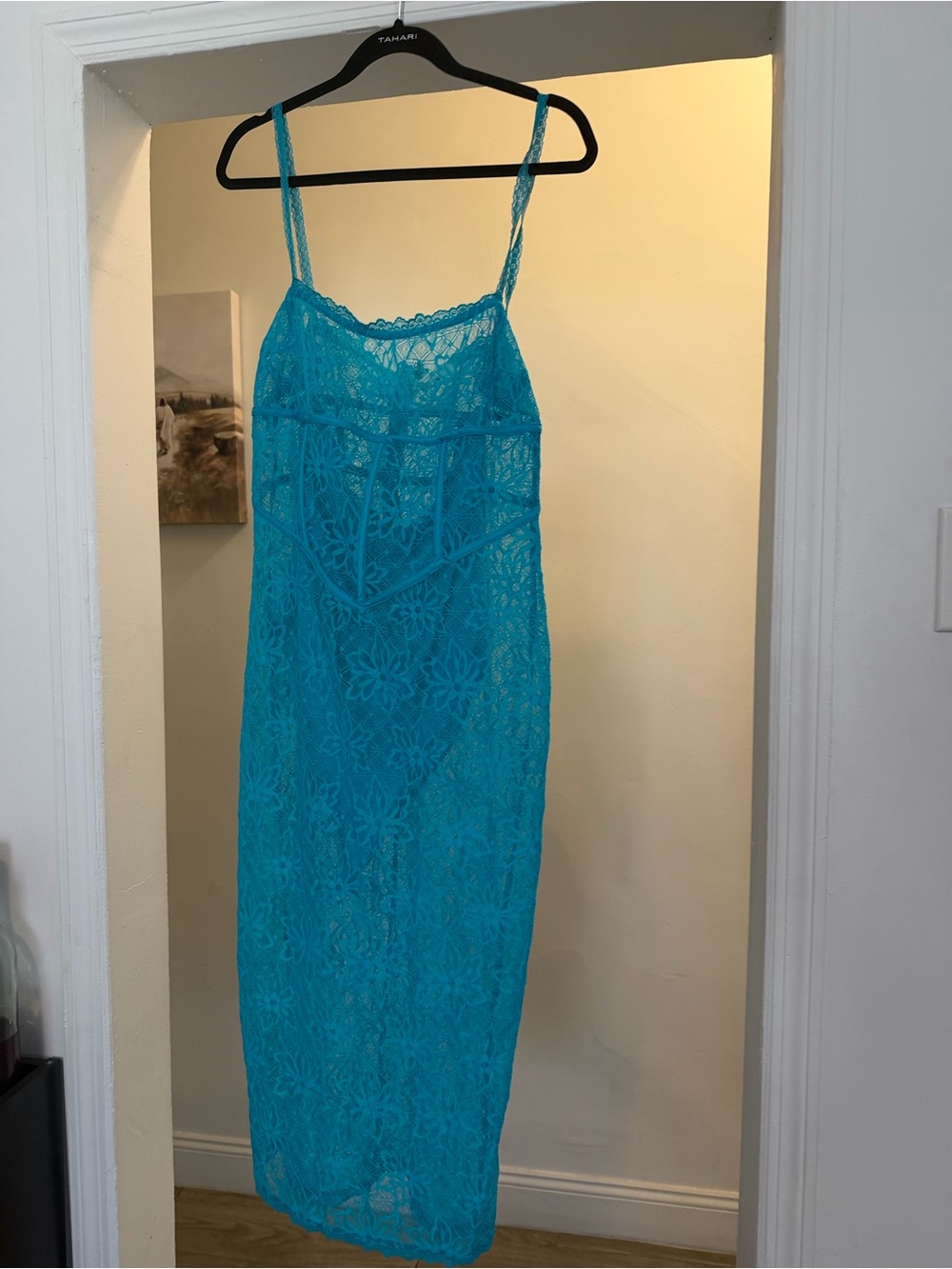 Meshki Turquoise Lace Midi Dress with Corset Bodice - Picture 4 of 6